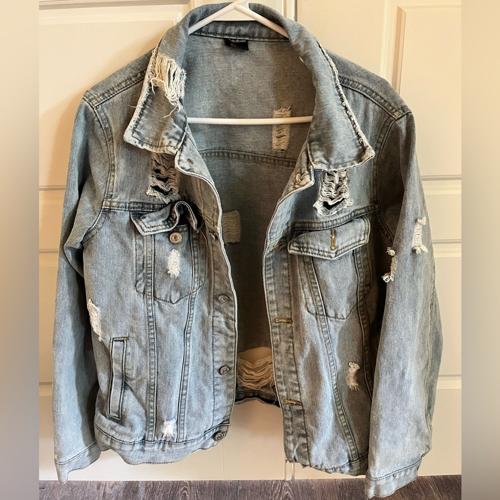 Light blue denim distressed oversized jean jacket